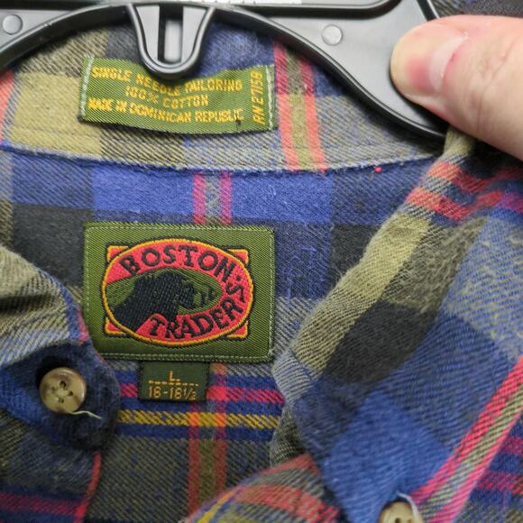 Vtg Boston Traders Plaid Flannel Button Down Shirt Men's L Long Slv Navy Olive - Picture 3 of 10